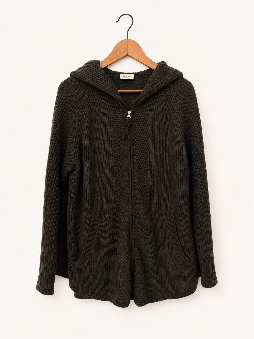 WRAP Womens Wool Blend Hooded Cardigan Size 4/6 Brown Chunky Knit Zip Sweater
